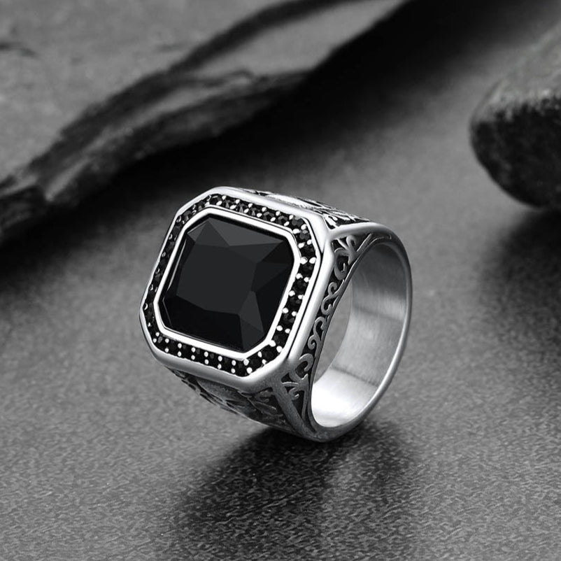 FaithHeart Black Onyx Stone Signet Ring with Skull for Men FaithHeart