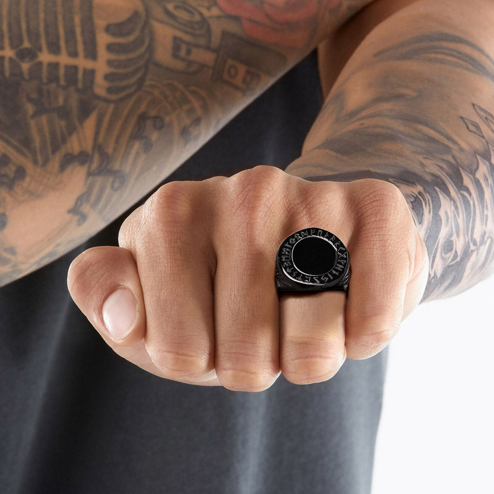 FaithHeart Black Onyx Signet Ring with Viking Runes for Men