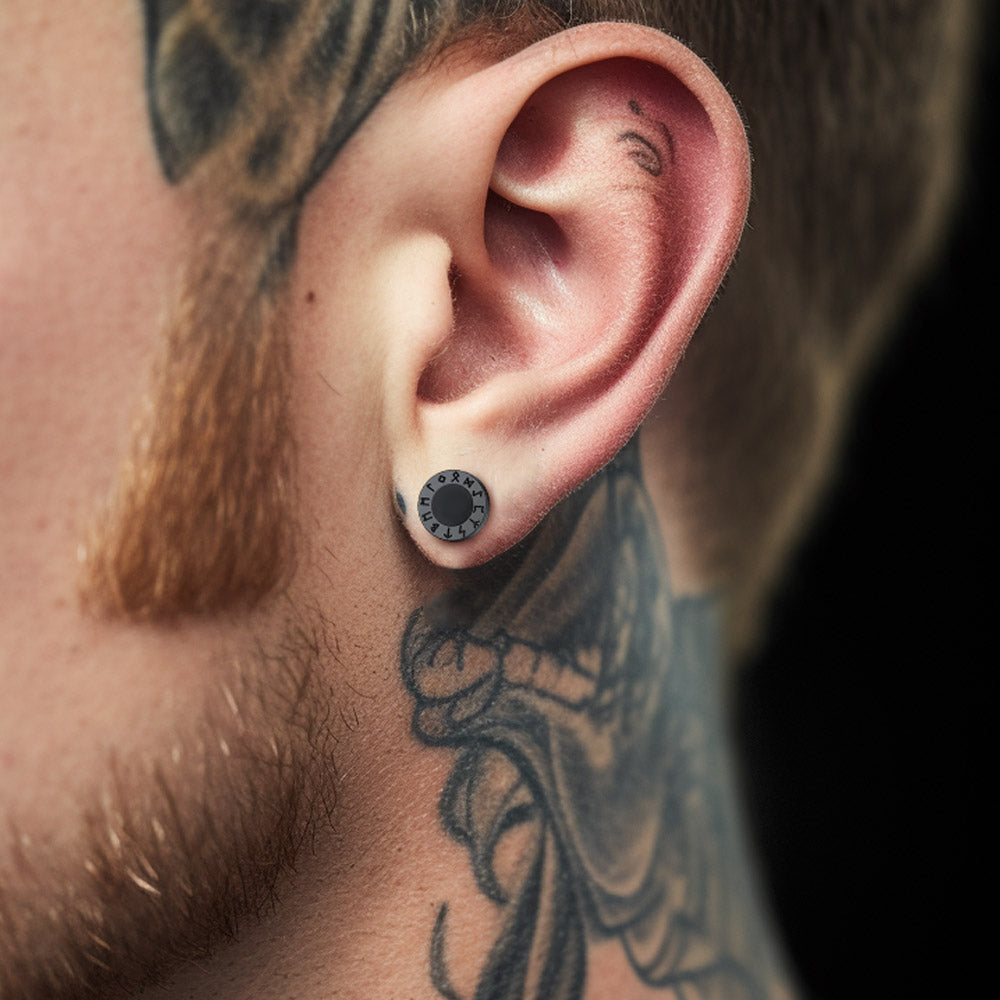 FaithHeart Black Onyx Stud Earrings With Viking Runes in Sterling Silver FaithHeart