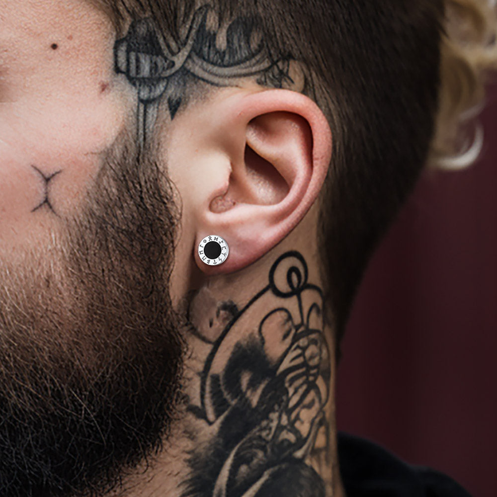 FaithHeart Black Onyx Stud Earrings With Viking Runes in Sterling Silver FaithHeart