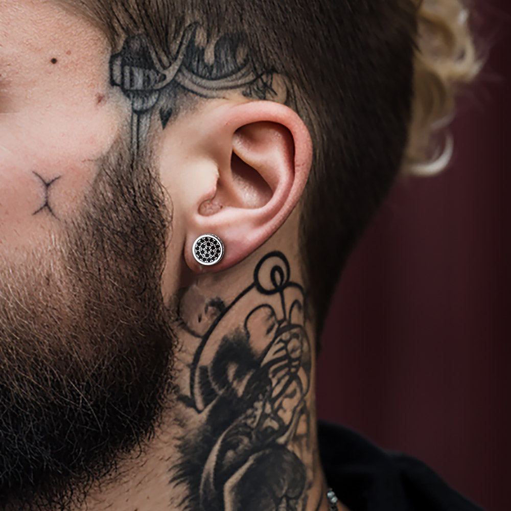 FaithHeart Black Zircon Onyx Stud Earrings with Runes 10mm FaithHeart