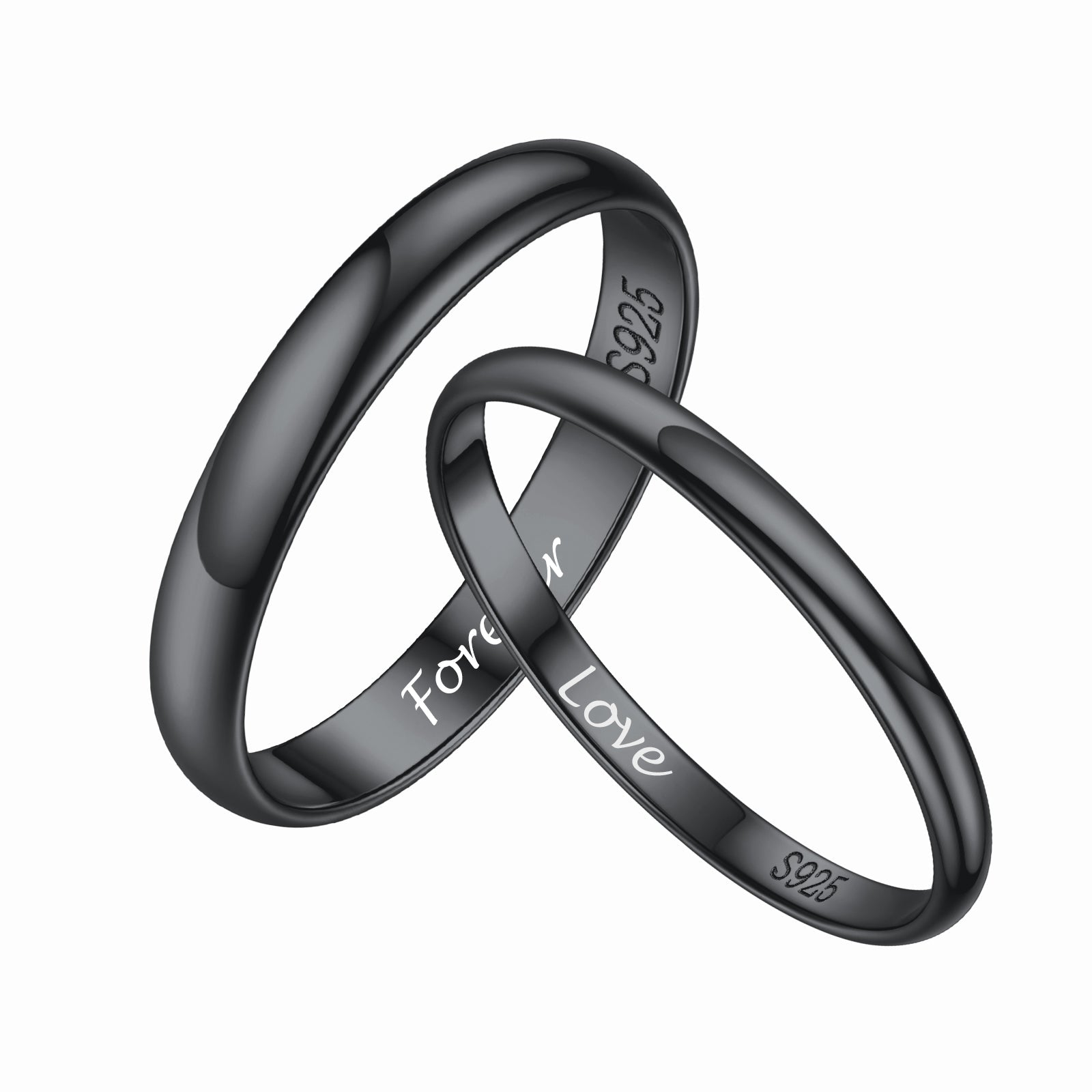 S925 silver black couple rings  with 'Love' engraving on a white background