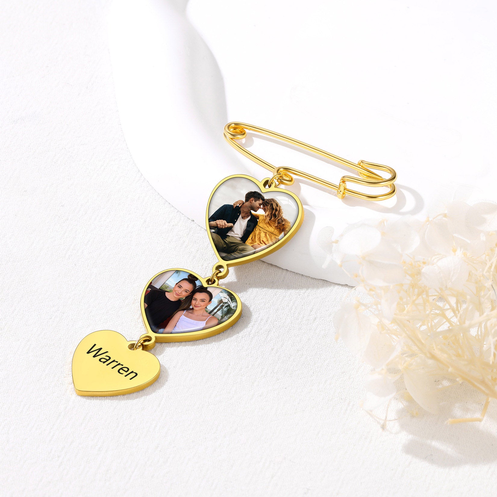 Personalized 1-3 Pictures Wedding Bouquet Charms Heart Brooch Pins