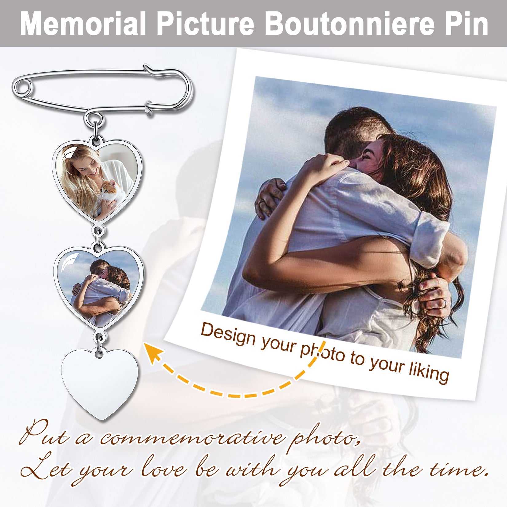 Personalized 1-3 Pictures Wedding Bouquet Charms Heart Brooch Pins