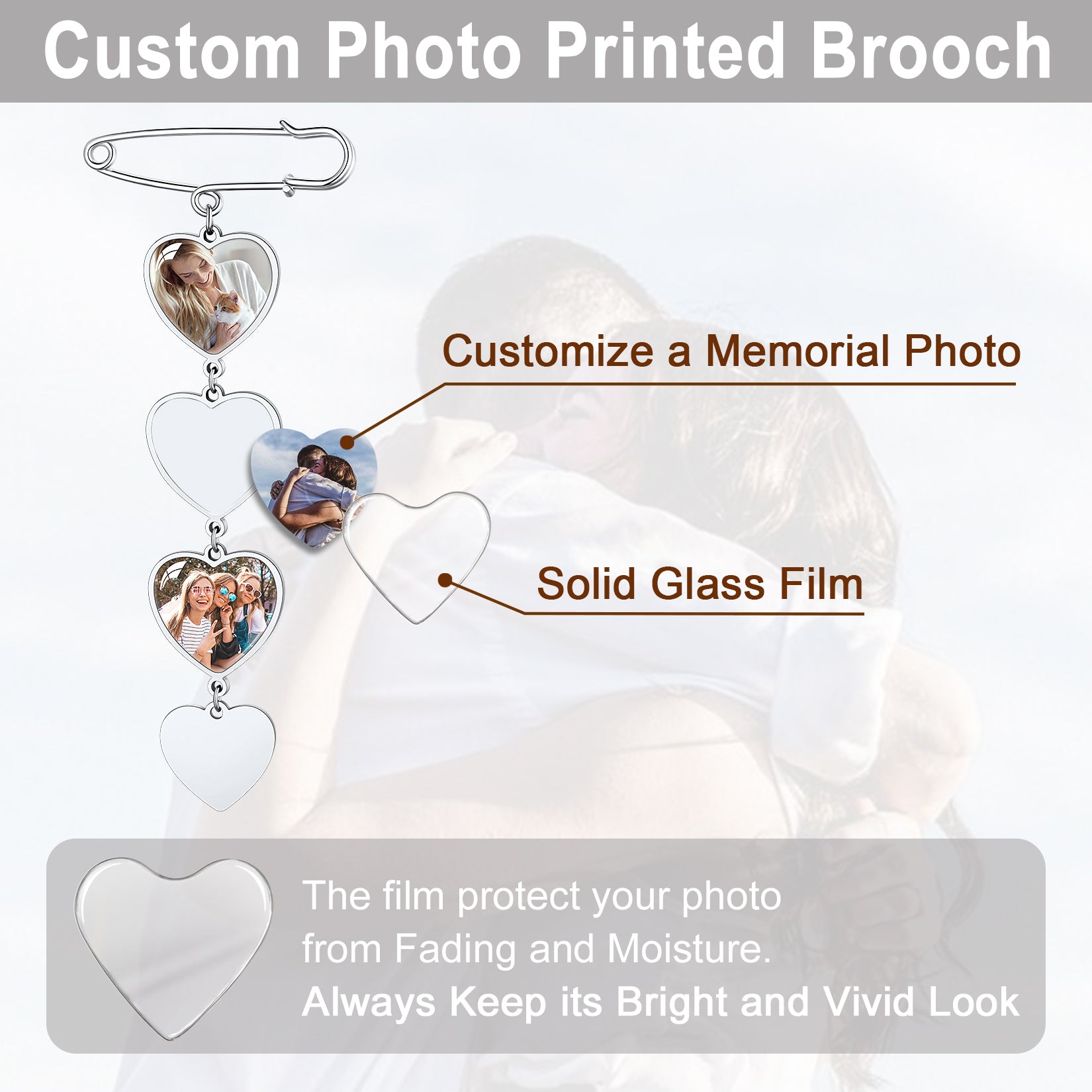 Personalized 1-3 Pictures Wedding Bouquet Charms Heart Brooch Pins