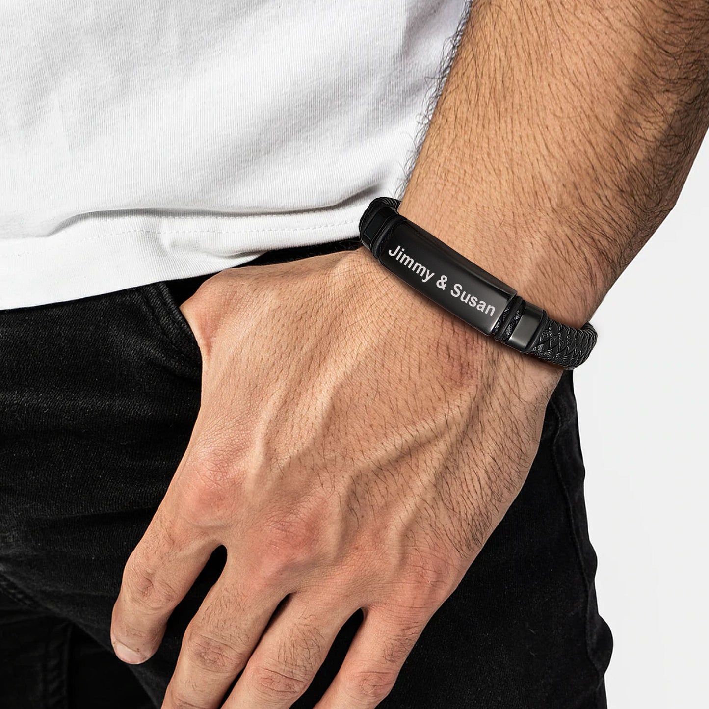 Engraved black leather bracelet for men, personalized Jimmy & Susan