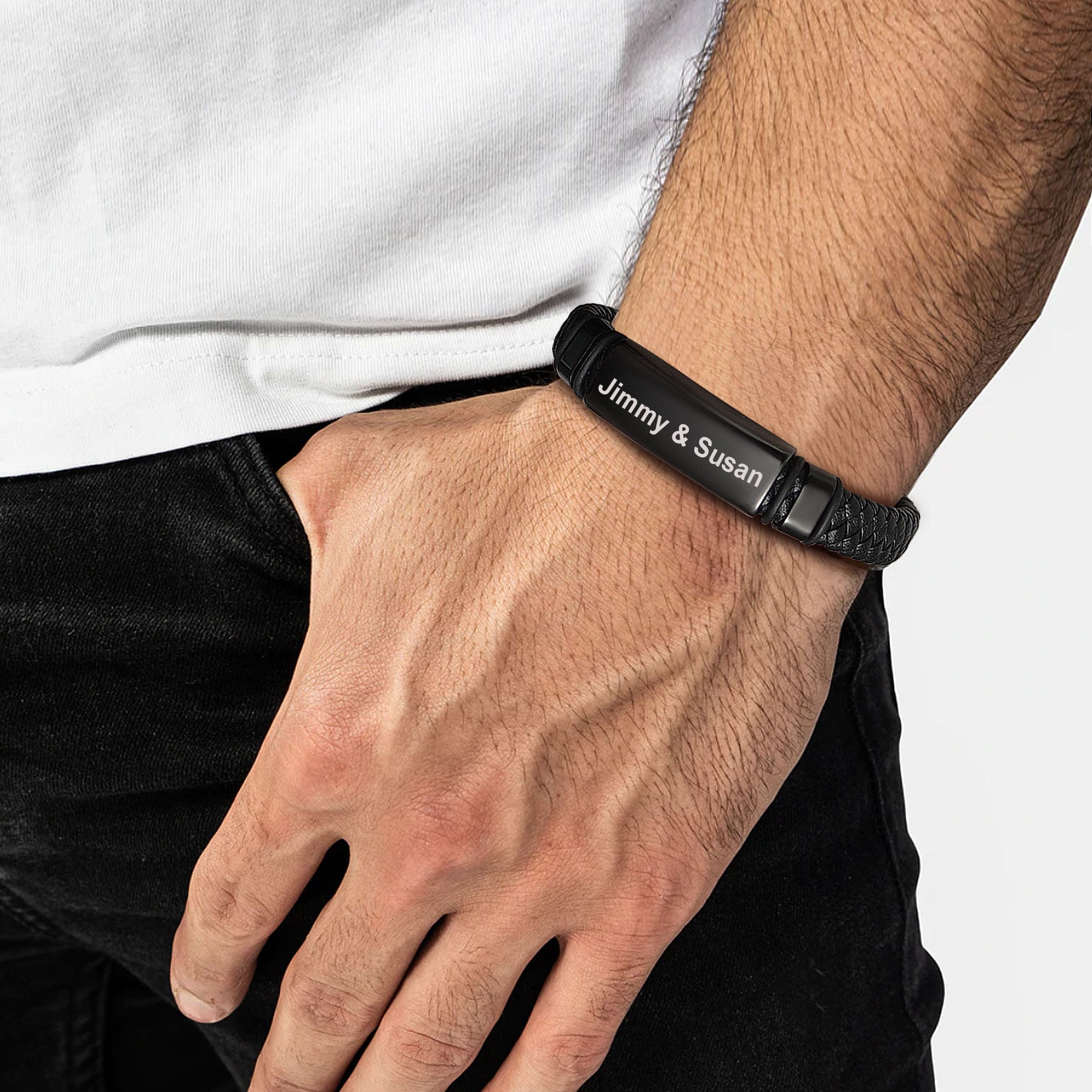 Engraved black leather bracelet for men, personalized Jimmy & Susan