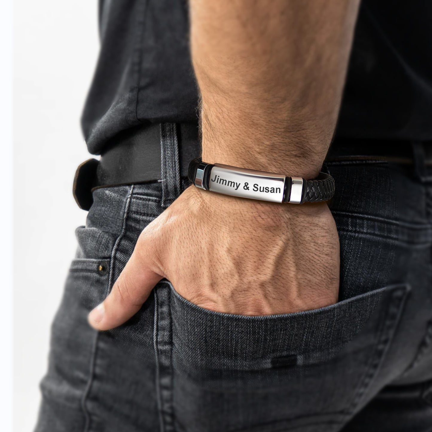 Men's custom engraved leather bracelet with names Jimmy & Susan