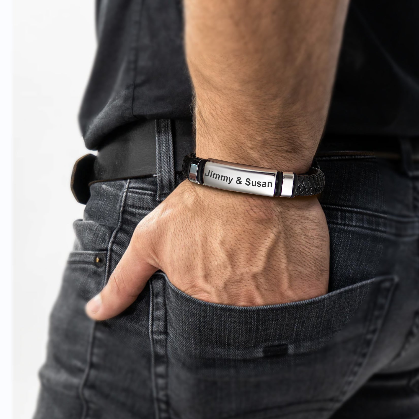 Men's custom engraved leather bracelet with names Jimmy & Susan