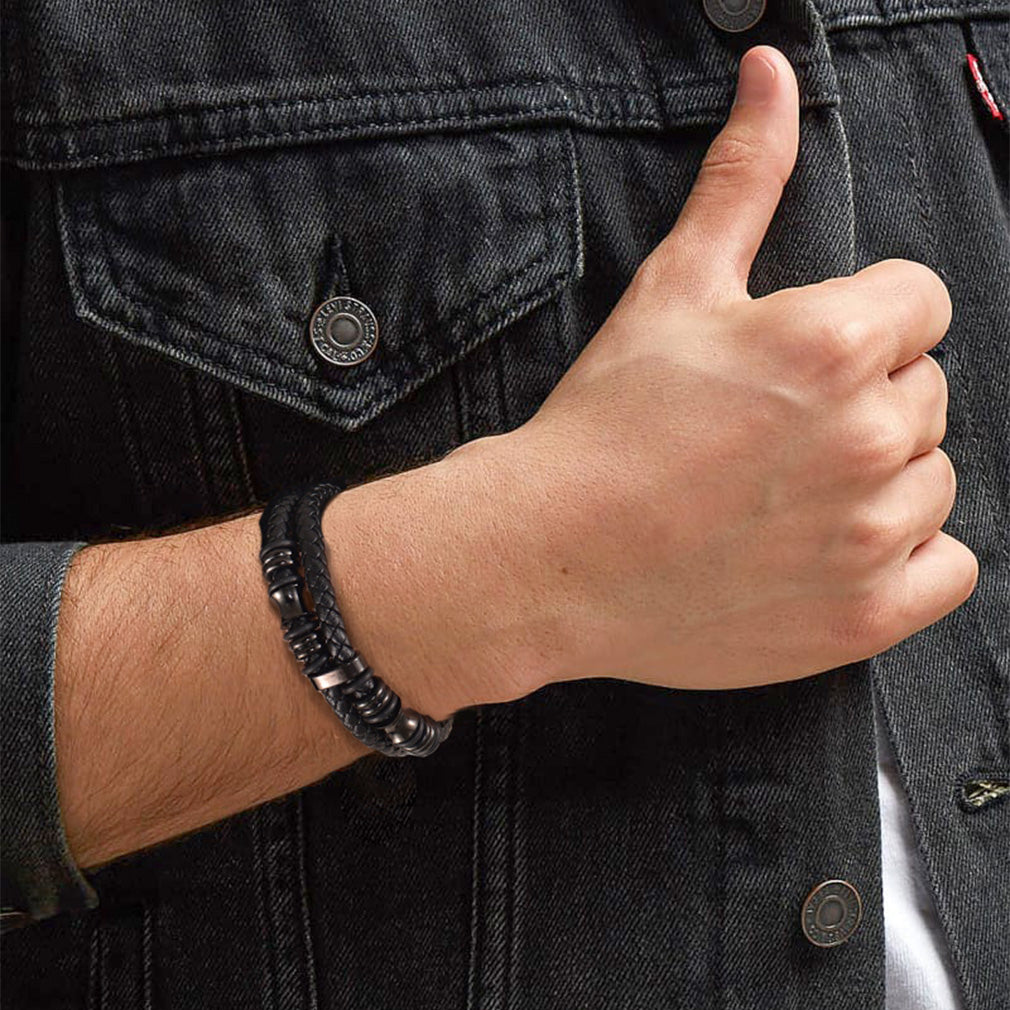 Black Braided Leather Bracelet Cuff for Men