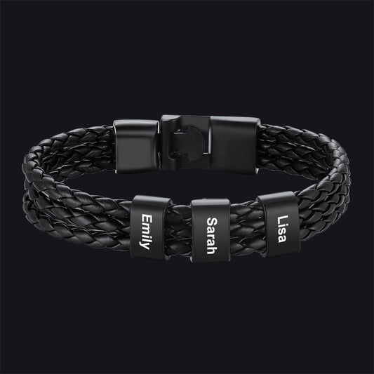 Personalized Braided Leather Bracelets with Beads Names Gift for Men Dadimg