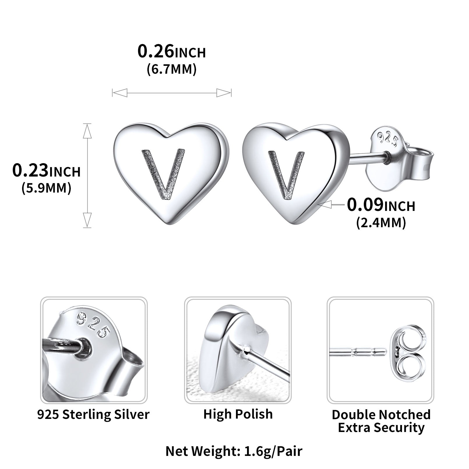 925 Sterling Silver Heart Initial Stud Earrings for Women Men