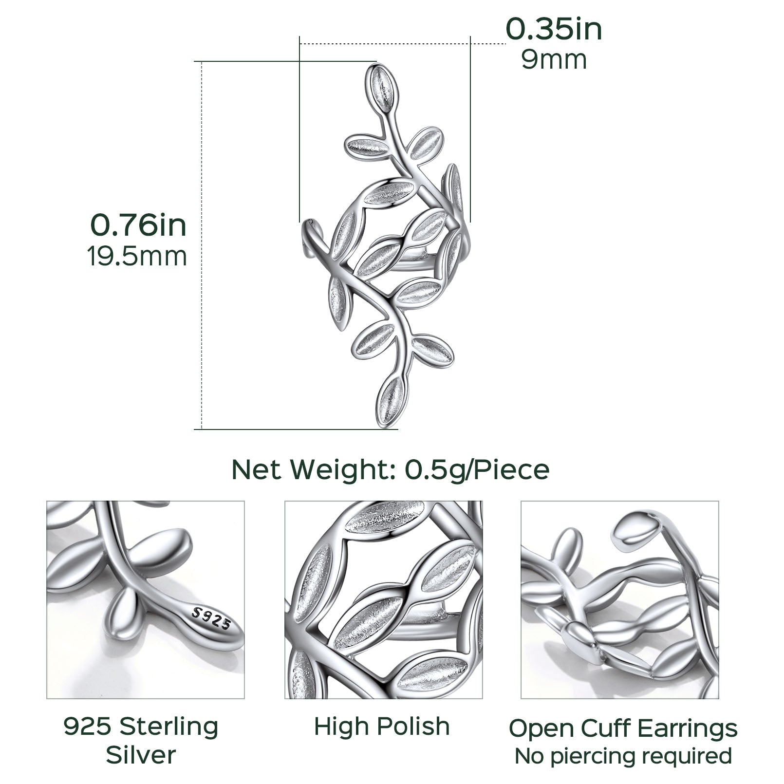 925 Sterling Silver Leaf Ear Cuff with No Piercing Required