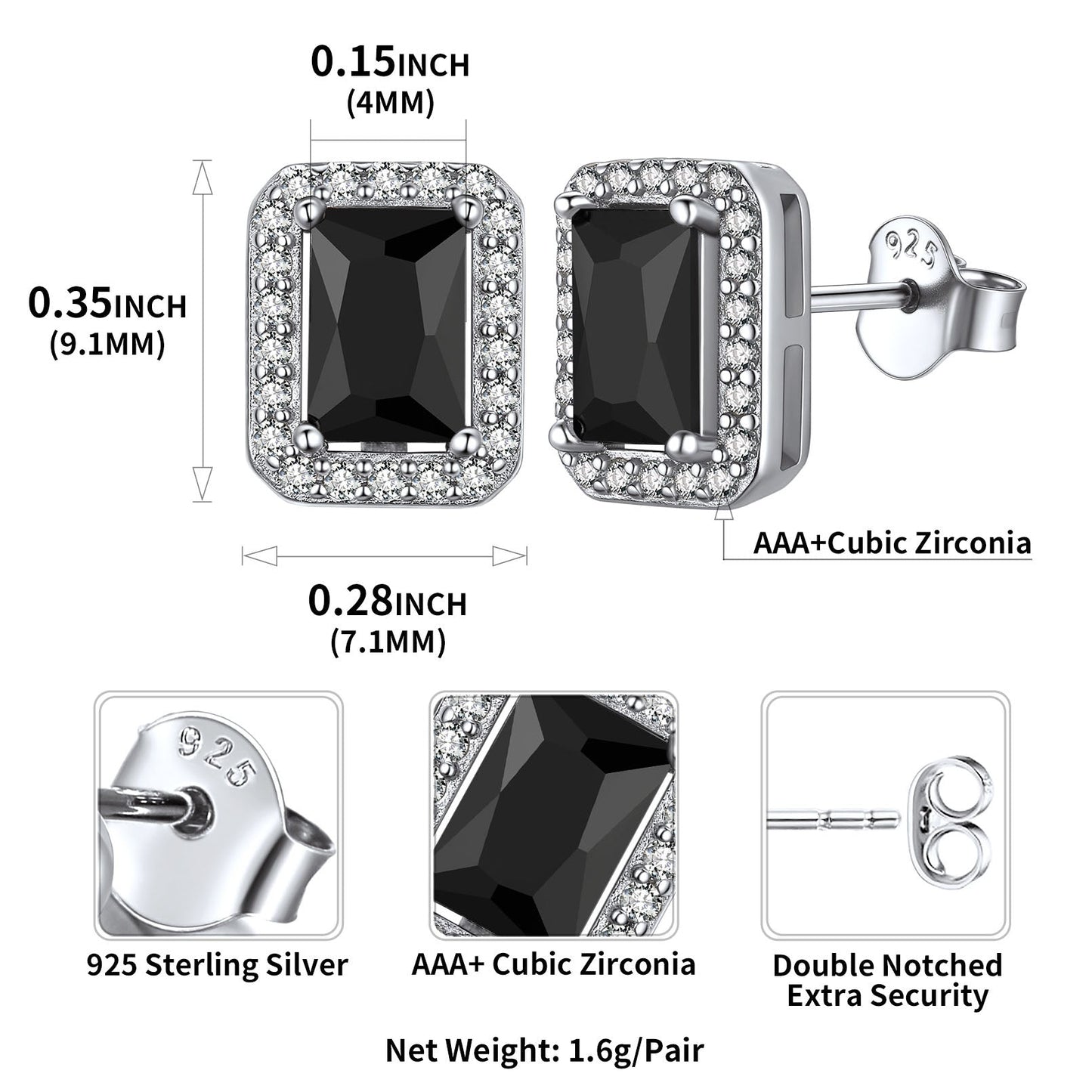 Sterling Silver Black Cubic Zirconia Square Halo Stud Earrings FaithHeart Jewelry