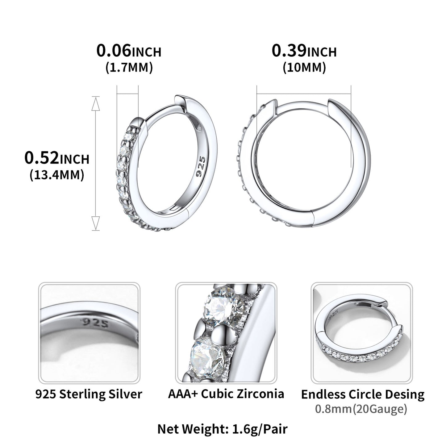 Hoop earrings with measurements and material details on a white background