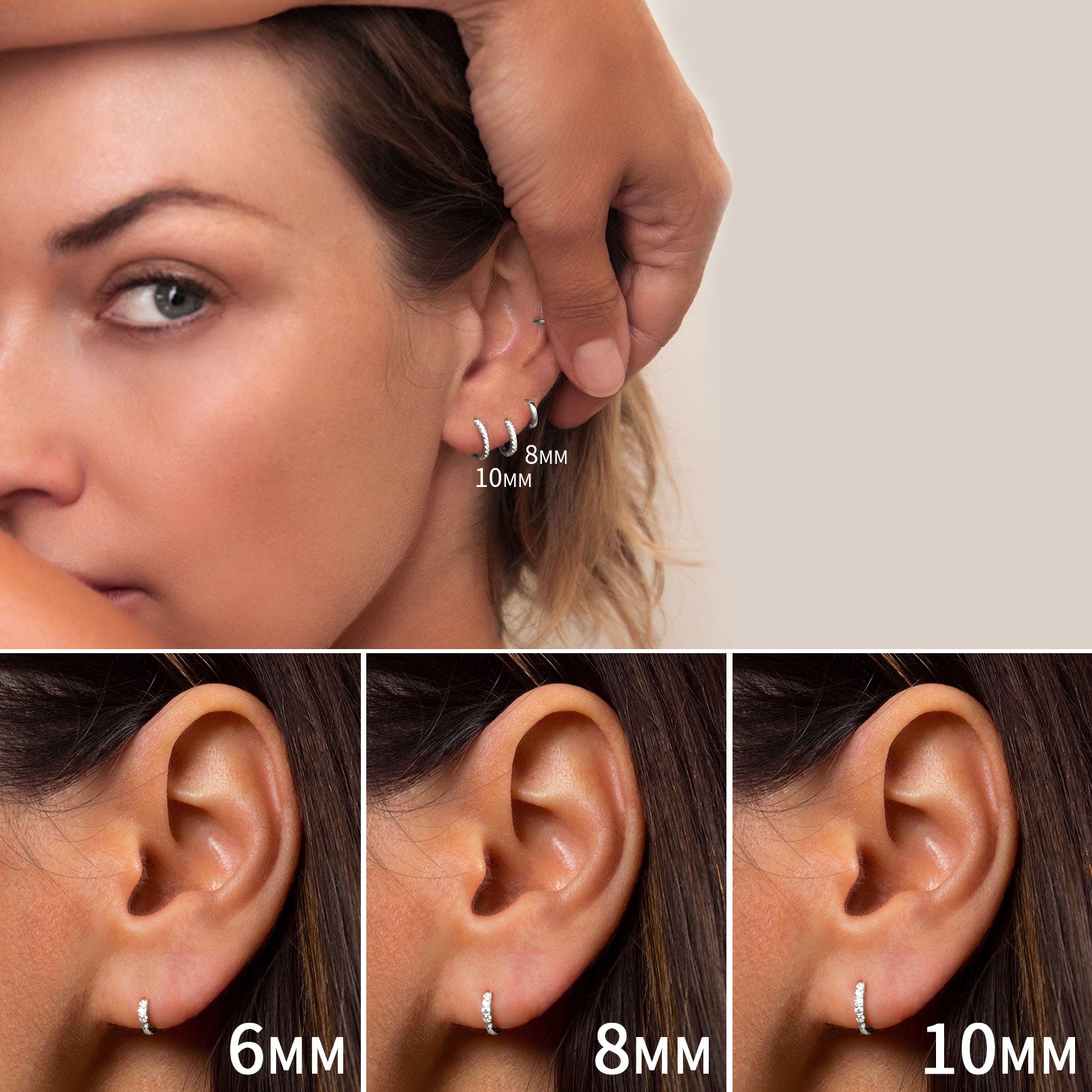 Close-up of a woman wearing earrings with size labels on a neutral background