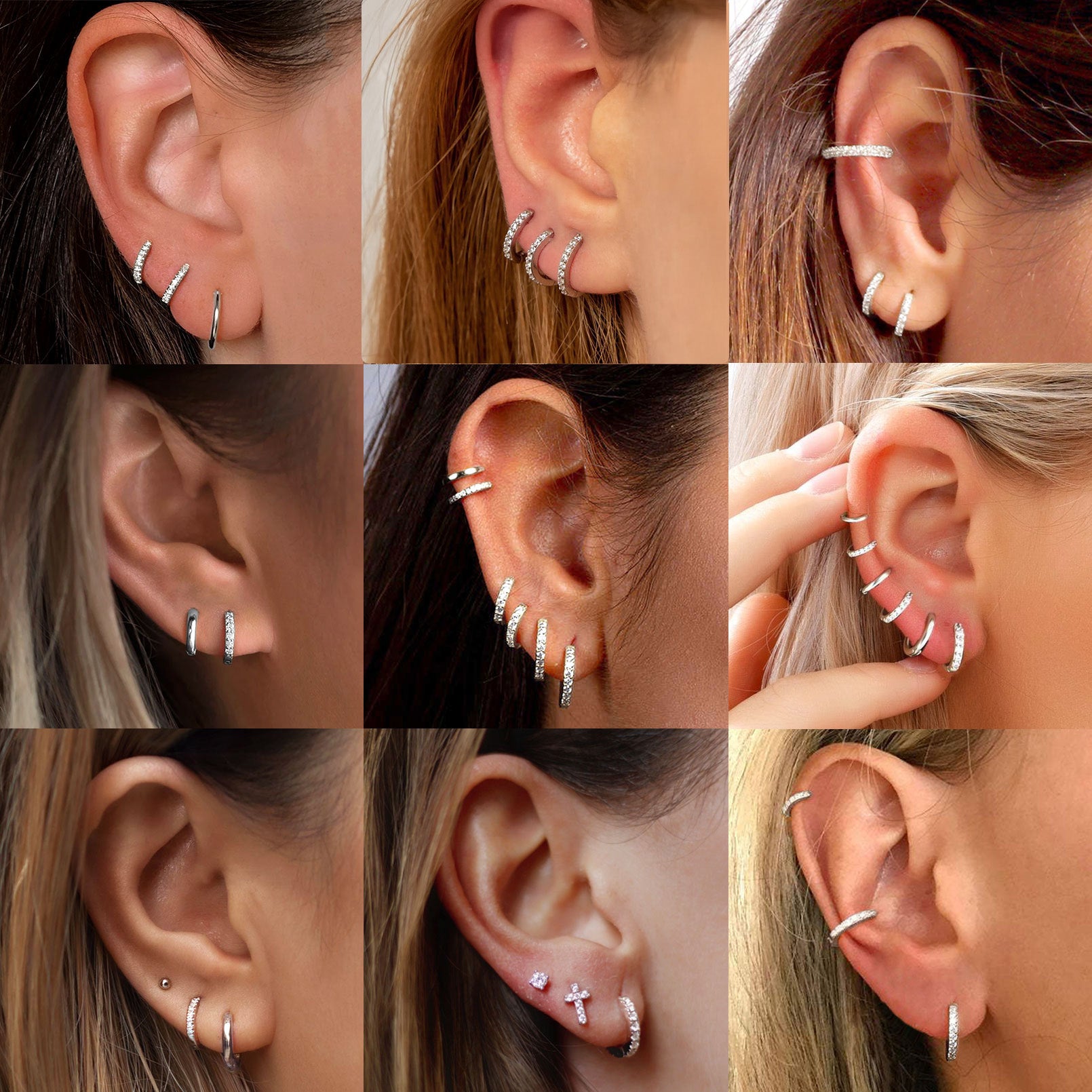 Collage of earrings worn on ears with close-up views.