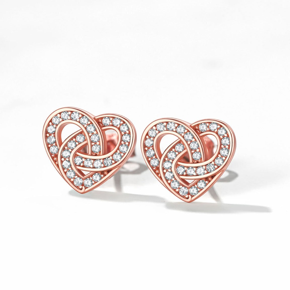 Rose gold Celtic knot heart stud earrings, cubic zirconia