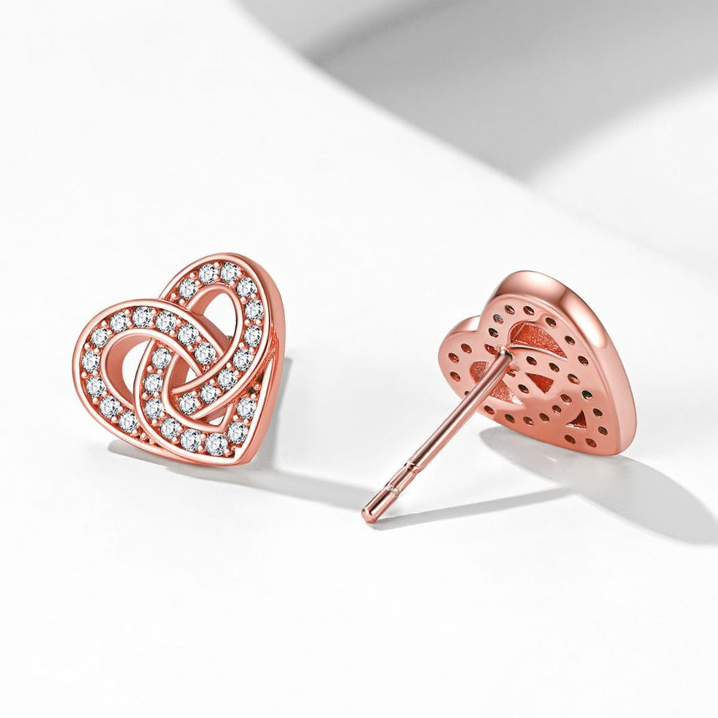 Rose gold Celtic knot heart earrings with cubic zirconia
