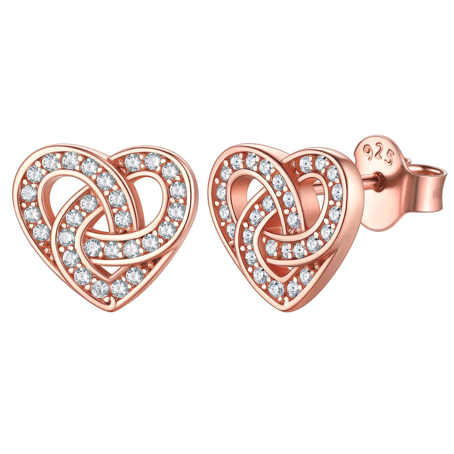 Rose gold Celtic knot heart earrings with cubic zirconia