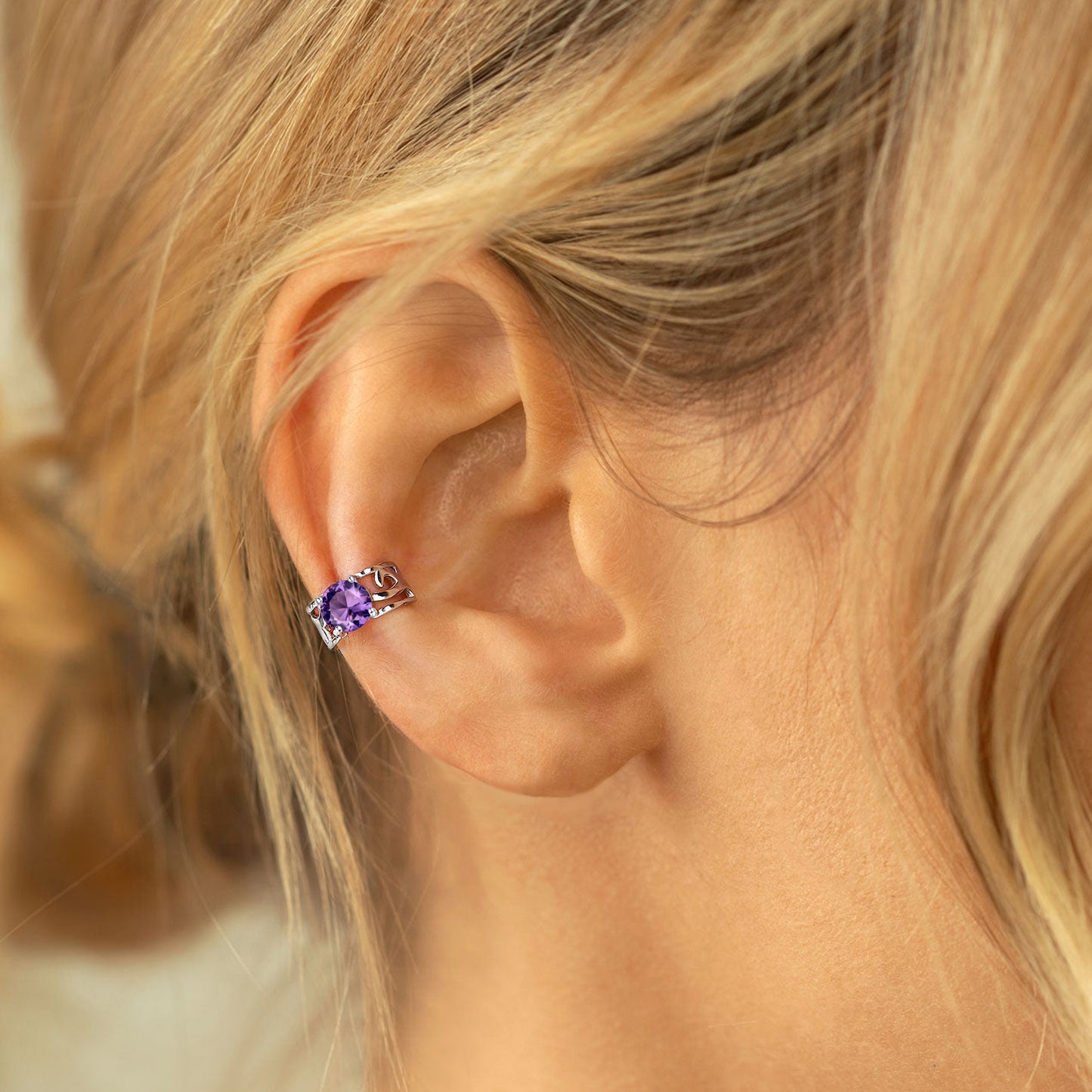 925 Sterling Silver Celtic Knot Birthstone Ear Cuff with Purple Stone
