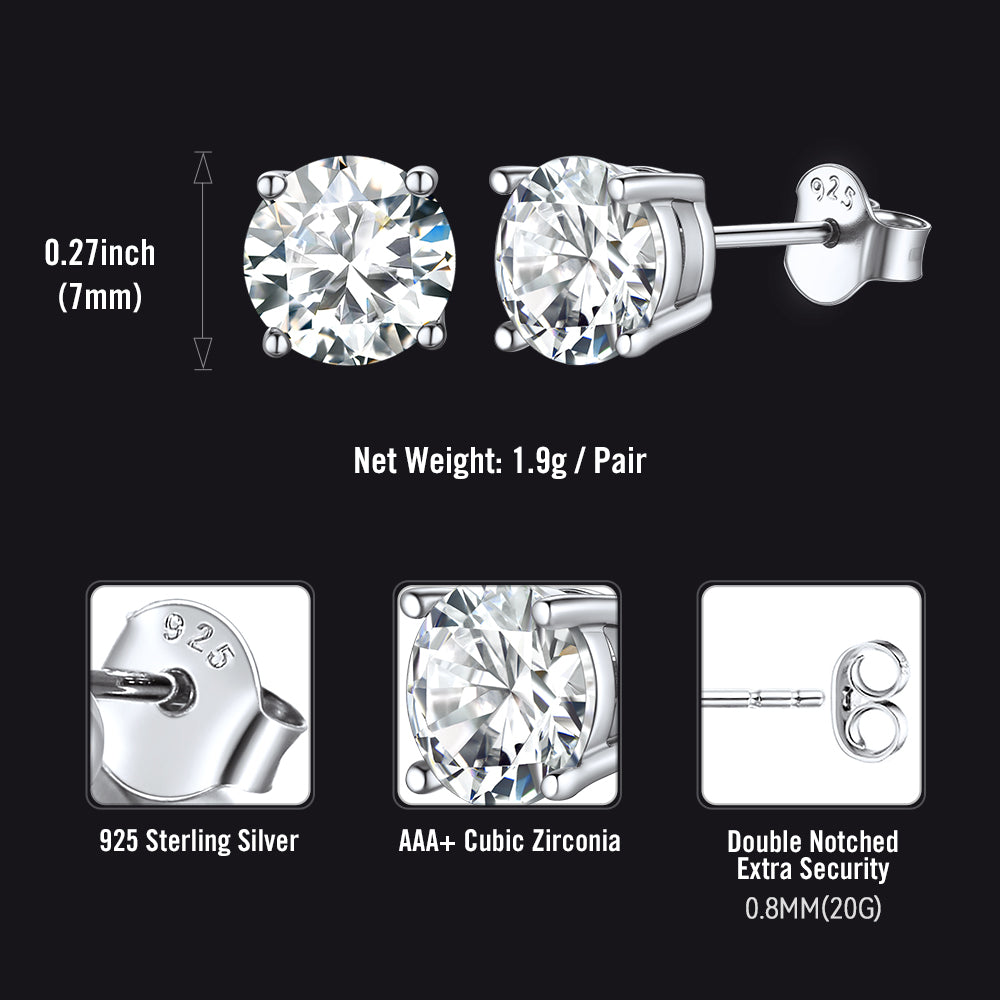 Silver stud earrings with cubic zirconia stones on a black background, showing size, weight, material, and design features.