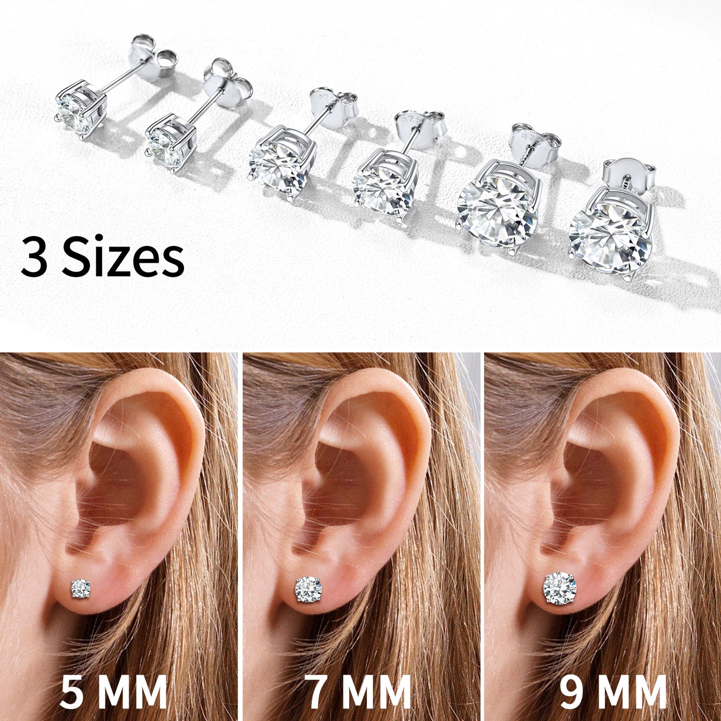 Sterling Silver CZ diamond stud earrings for men and women in three sizes for easy comparison