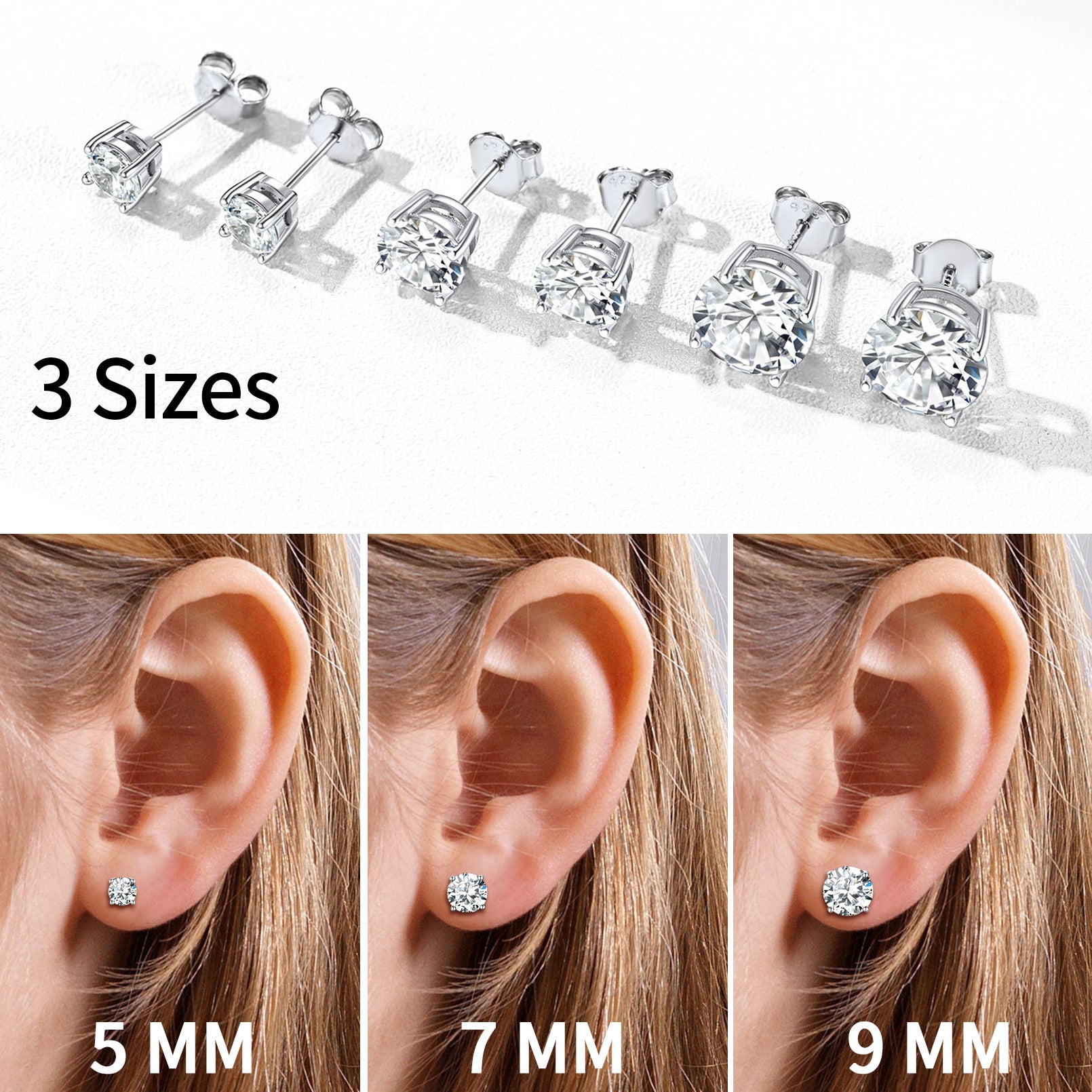 Sterling Silver CZ diamond stud earrings for men and women in three sizes for easy comparison