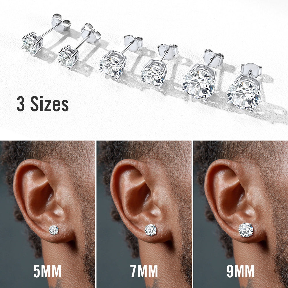Diamond stud earrings displayed with three size options on a white background.