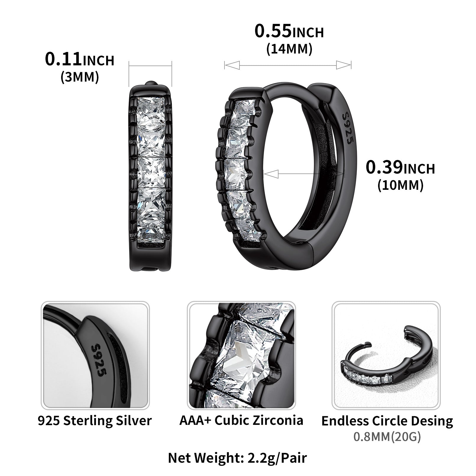 S925 Silver CZ Hypoallergenic Hoop Huggie Earrings