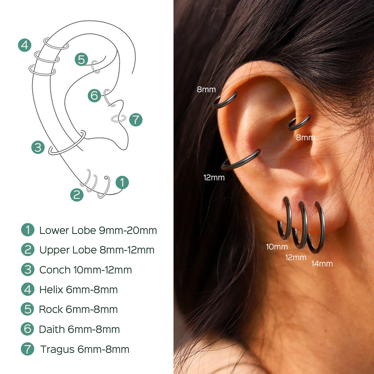 Multiple Hoop Sizes Layered on Ear for Stacking Style