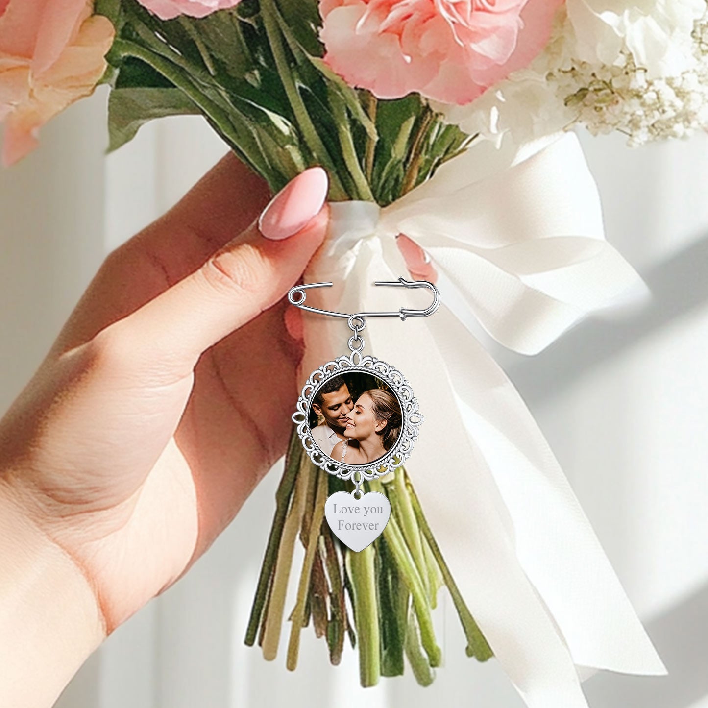 Custom Photo Brooch Pin on Wedding Bouquet - Love You Forever
