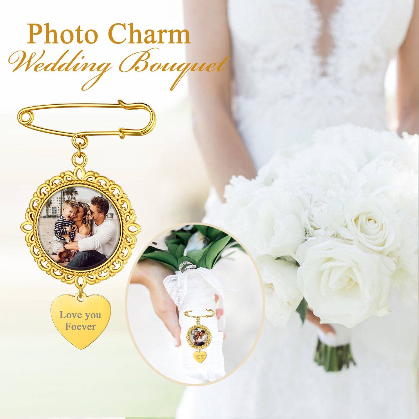 Wedding bouquet photo charm brooch pin with family photo
