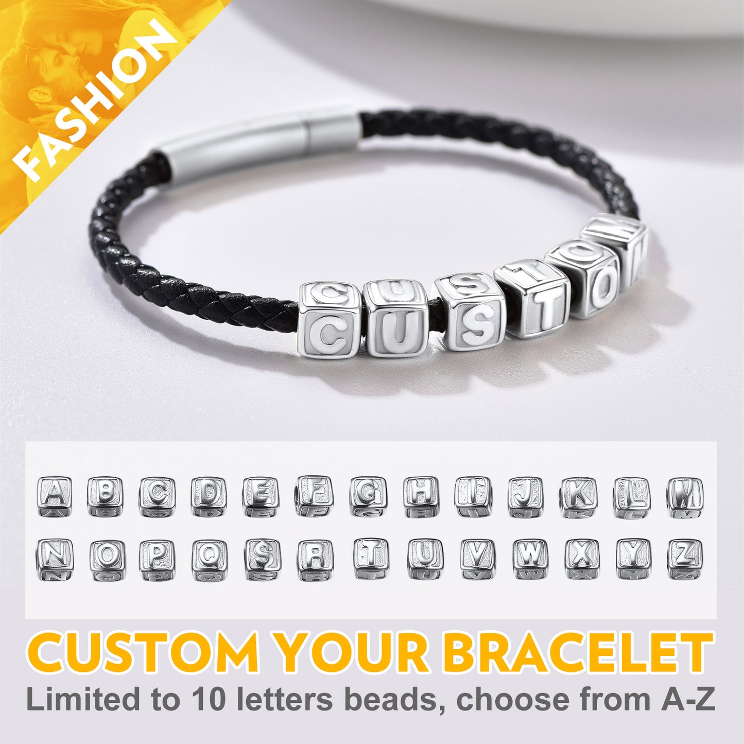 Black braided bracelet with customizable silver beads on a white background
