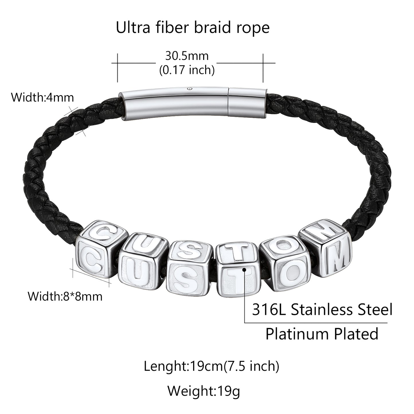 Black braided bracelet with silver beads displaying 'CUSTOM' on a white background