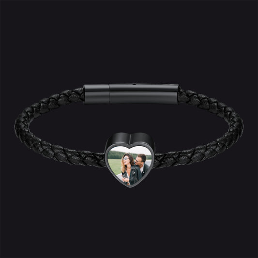 Heart Shaped Black Braid PU Leather Bracelets Customized Pictureimg