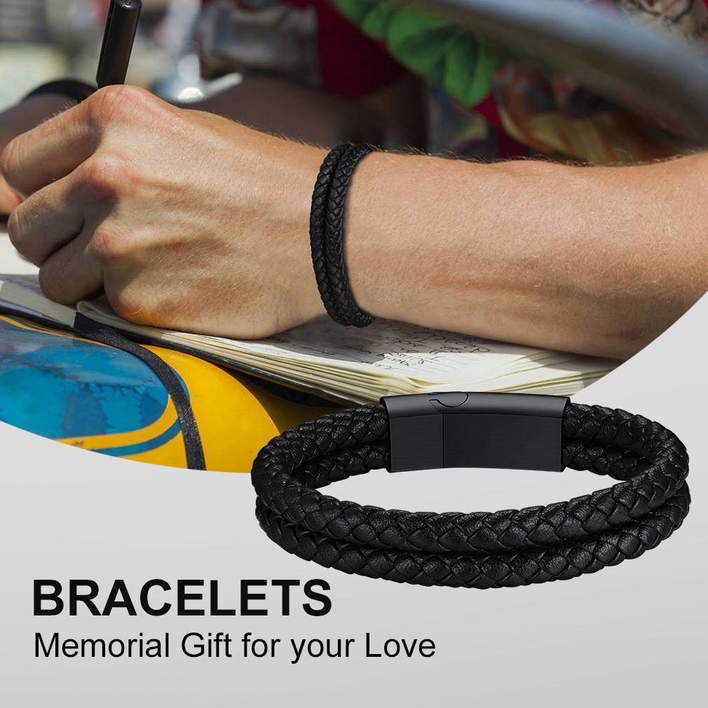 Black braided leather bracelet cuff, memorial gift