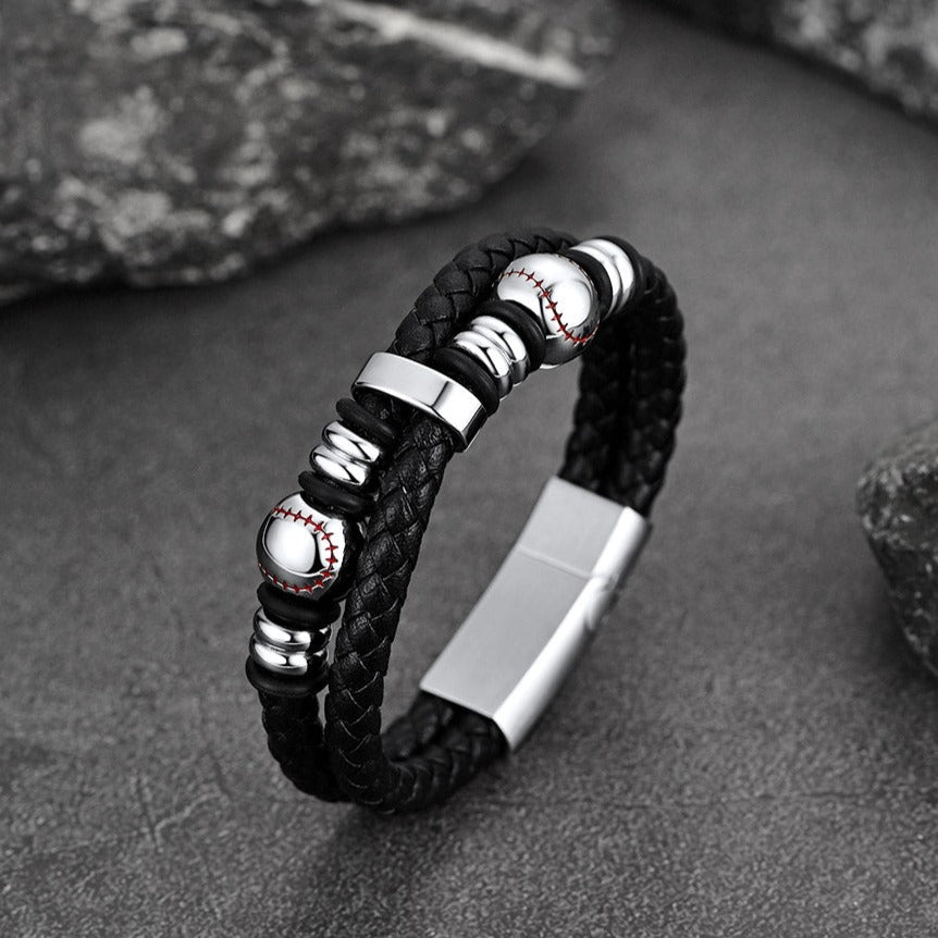 FaithHeart Black Leather Braided Baseball Punk Cuff Bracelet FaithHeart