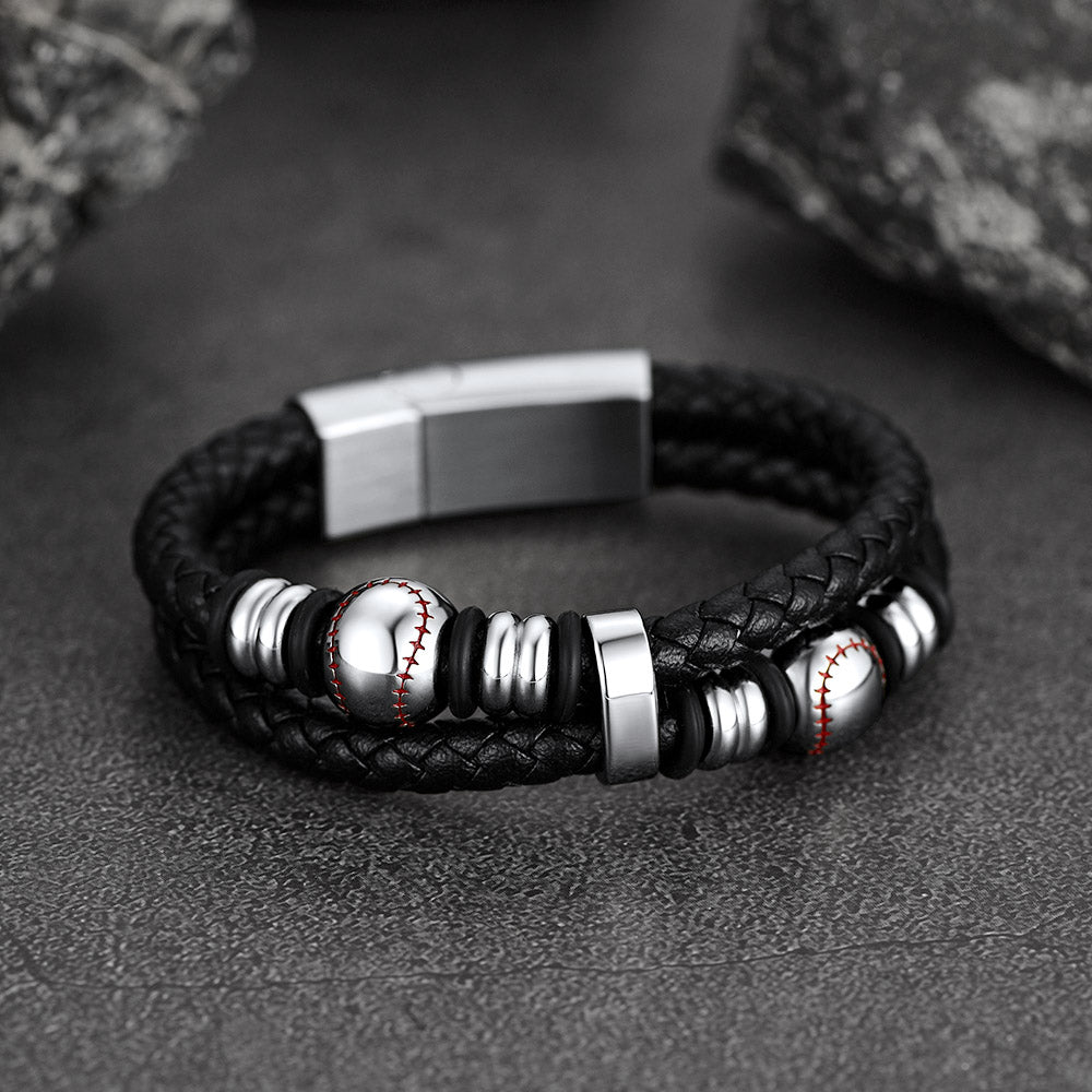 FaithHeart Black Leather Braided Baseball Punk Cuff Bracelet FaithHeart