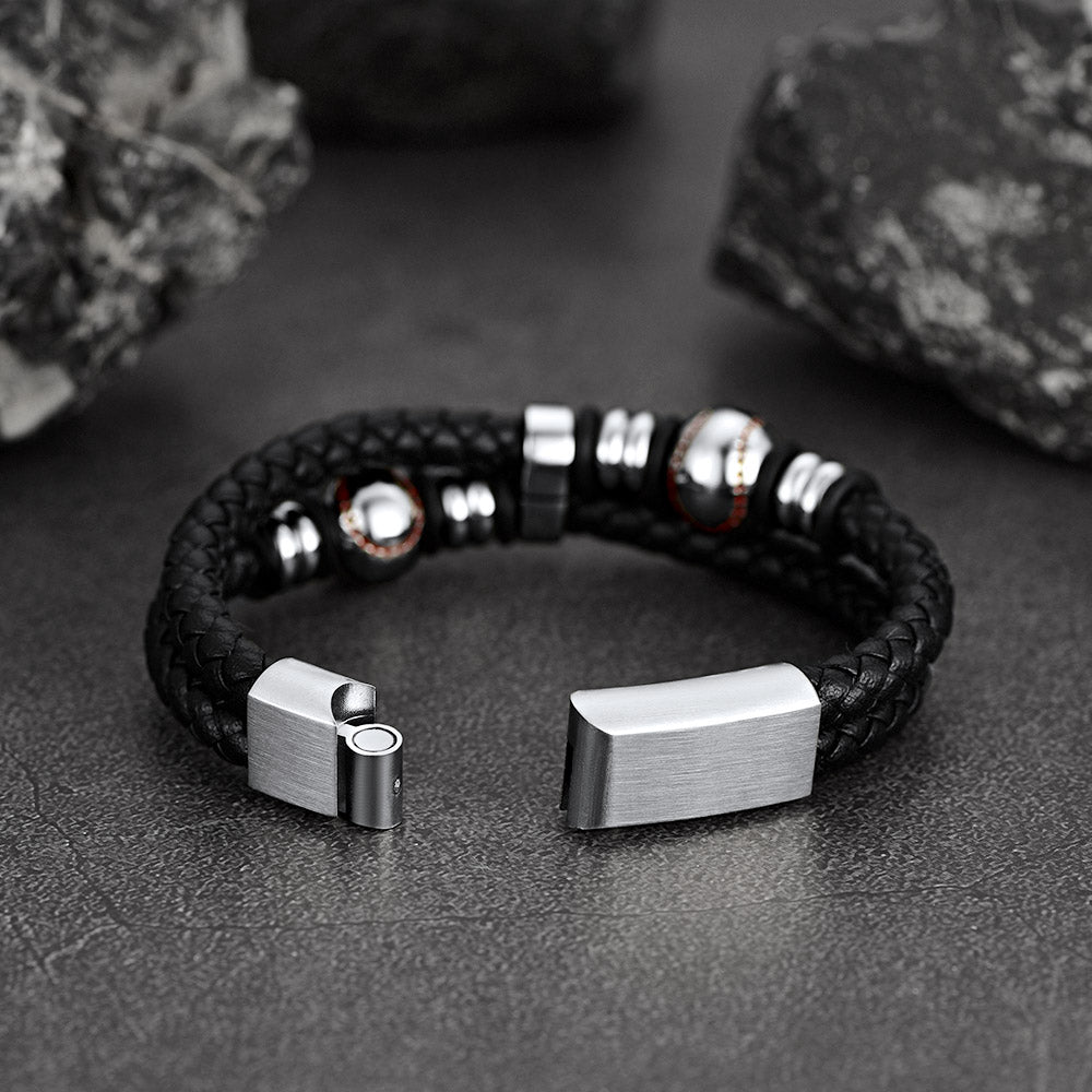 FaithHeart Black Leather Braided Baseball Punk Cuff Bracelet FaithHeart