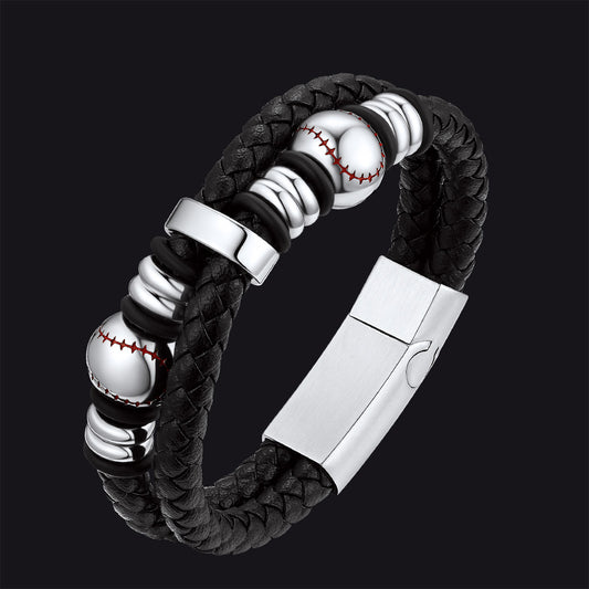 FaithHeart Black Leather Braided Baseball Punk Cuff Bracelet FaithHeart