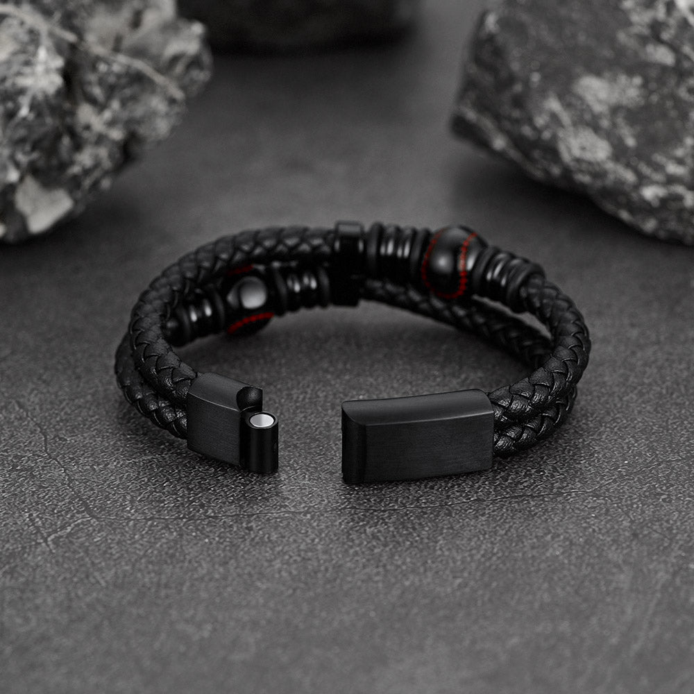 FaithHeart Black Leather Braided Baseball Punk Cuff Bracelet FaithHeart