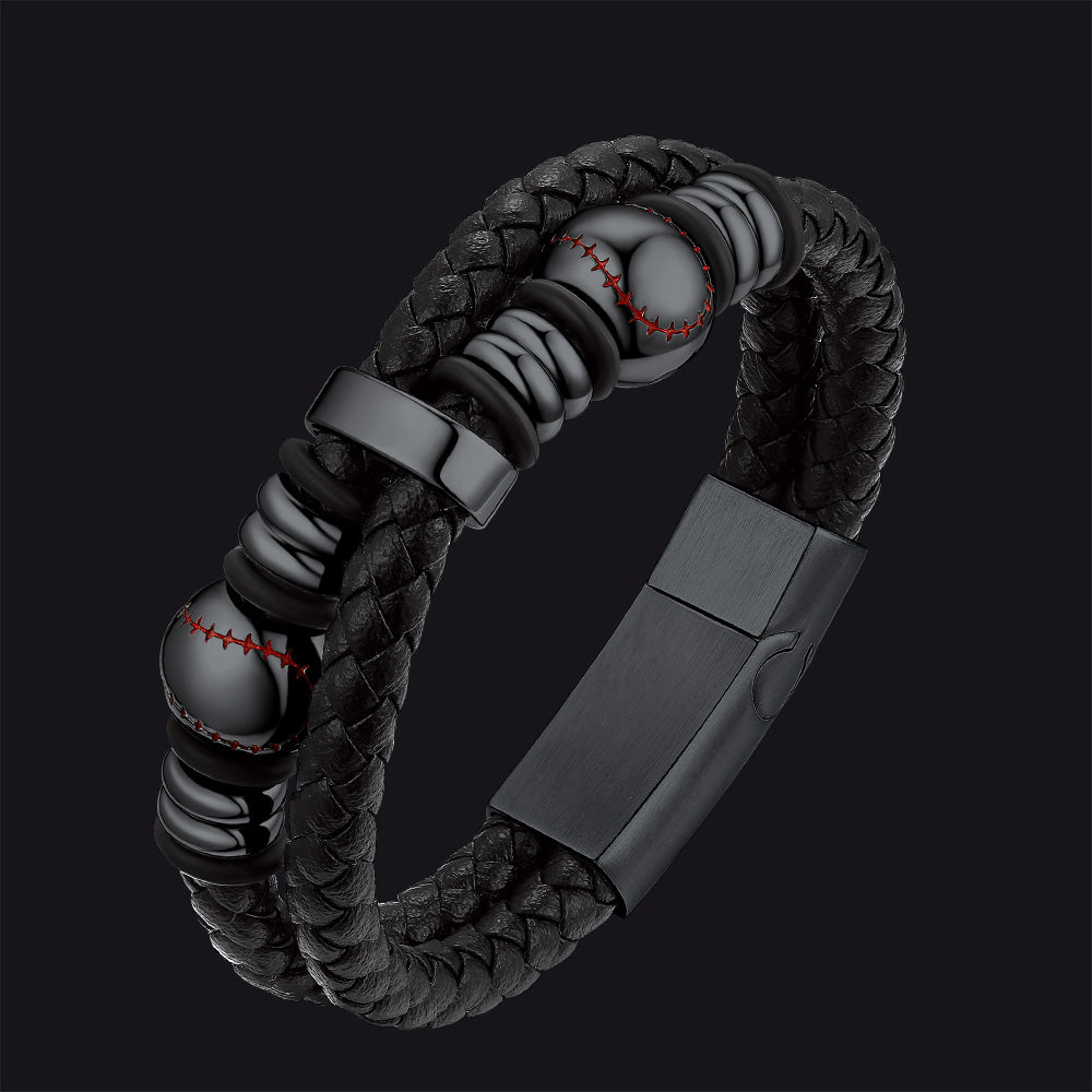 FaithHeart Black Leather Braided Baseball Punk Cuff Bracelet FaithHeart
