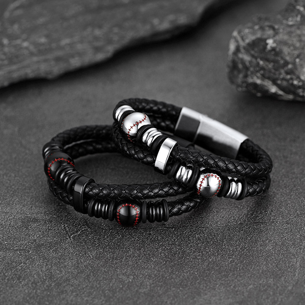FaithHeart Black Leather Braided Baseball Punk Cuff Bracelet FaithHeart