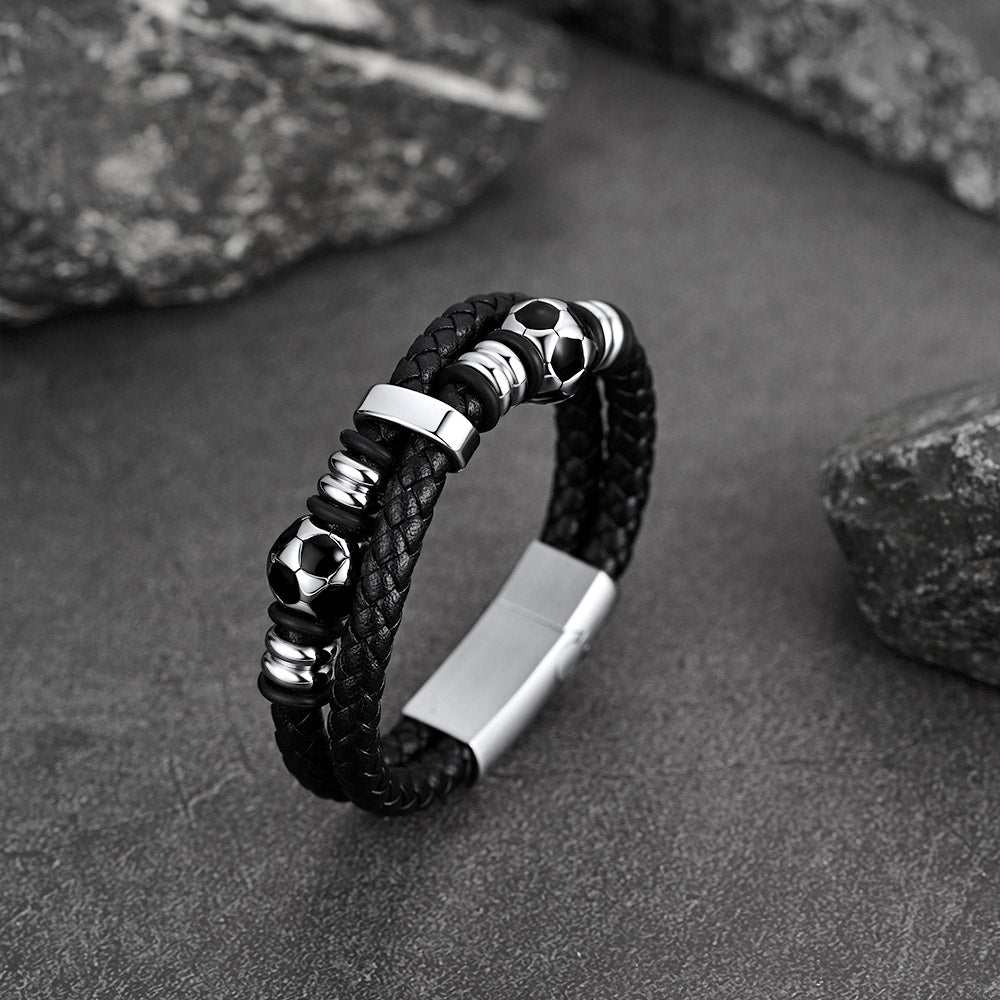 FaithHeart Black Leather Braided Soccer Punk Bracelet FaithHeart