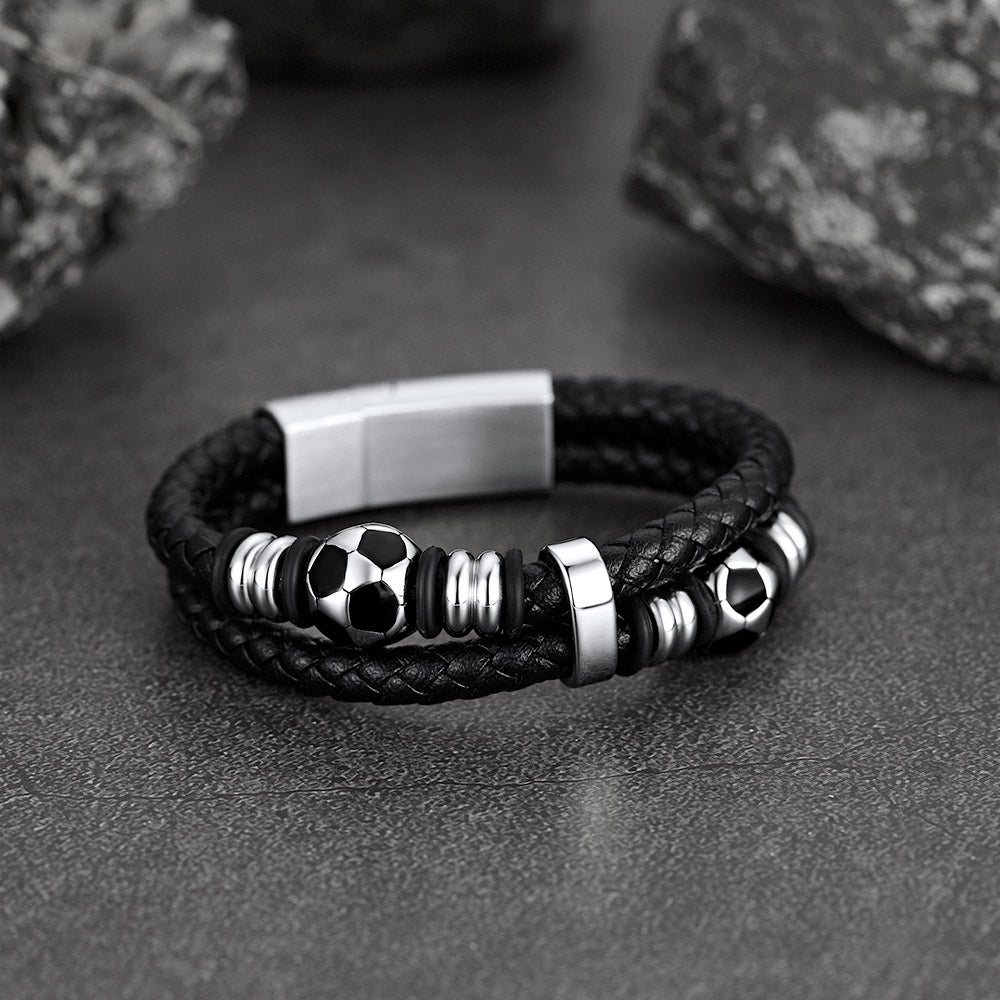 FaithHeart Black Leather Braided Soccer Punk Bracelet FaithHeart