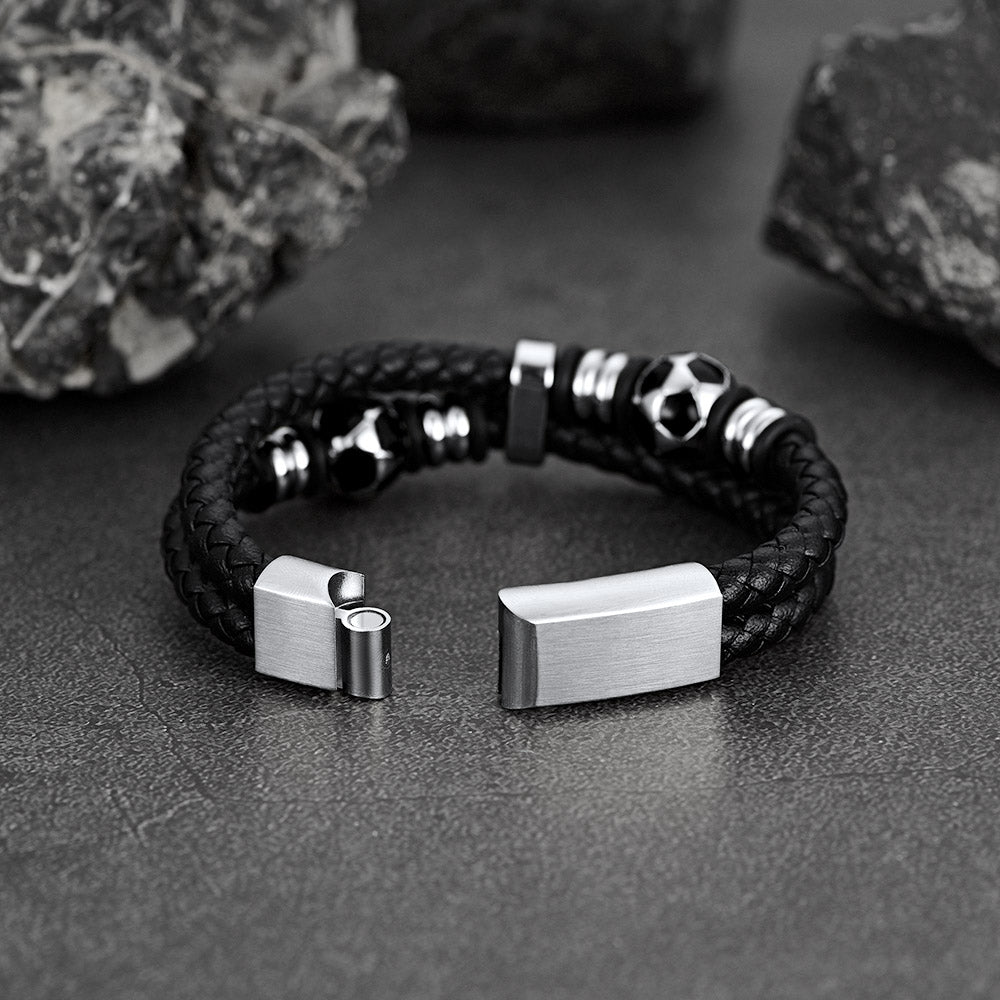 FaithHeart Black Leather Braided Soccer Punk Bracelet FaithHeart