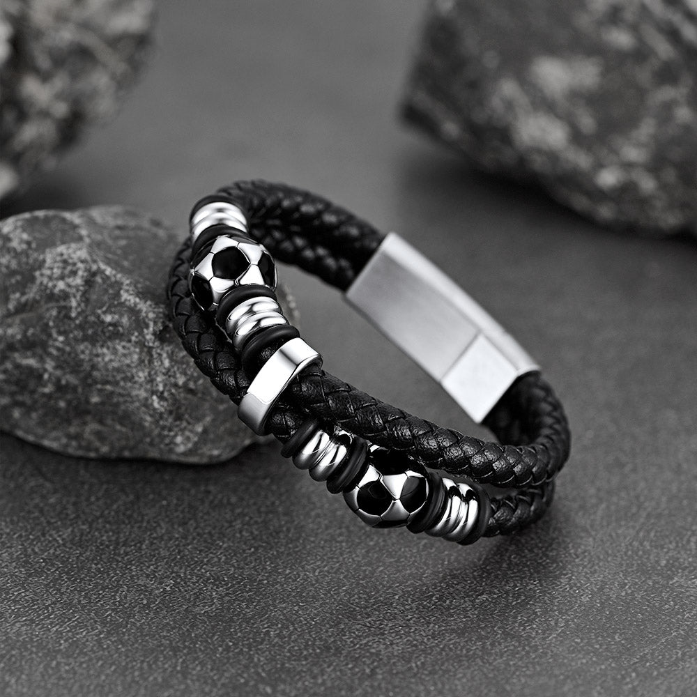 FaithHeart Black Leather Braided Soccer Punk Bracelet FaithHeart