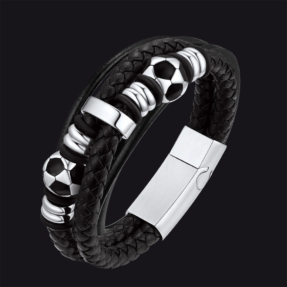 FaithHeart Black Leather Braided Soccer Punk Bracelet FaithHeart