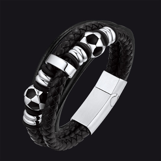 FaithHeart Black Leather Braided Soccer Punk Bracelet FaithHeartimg